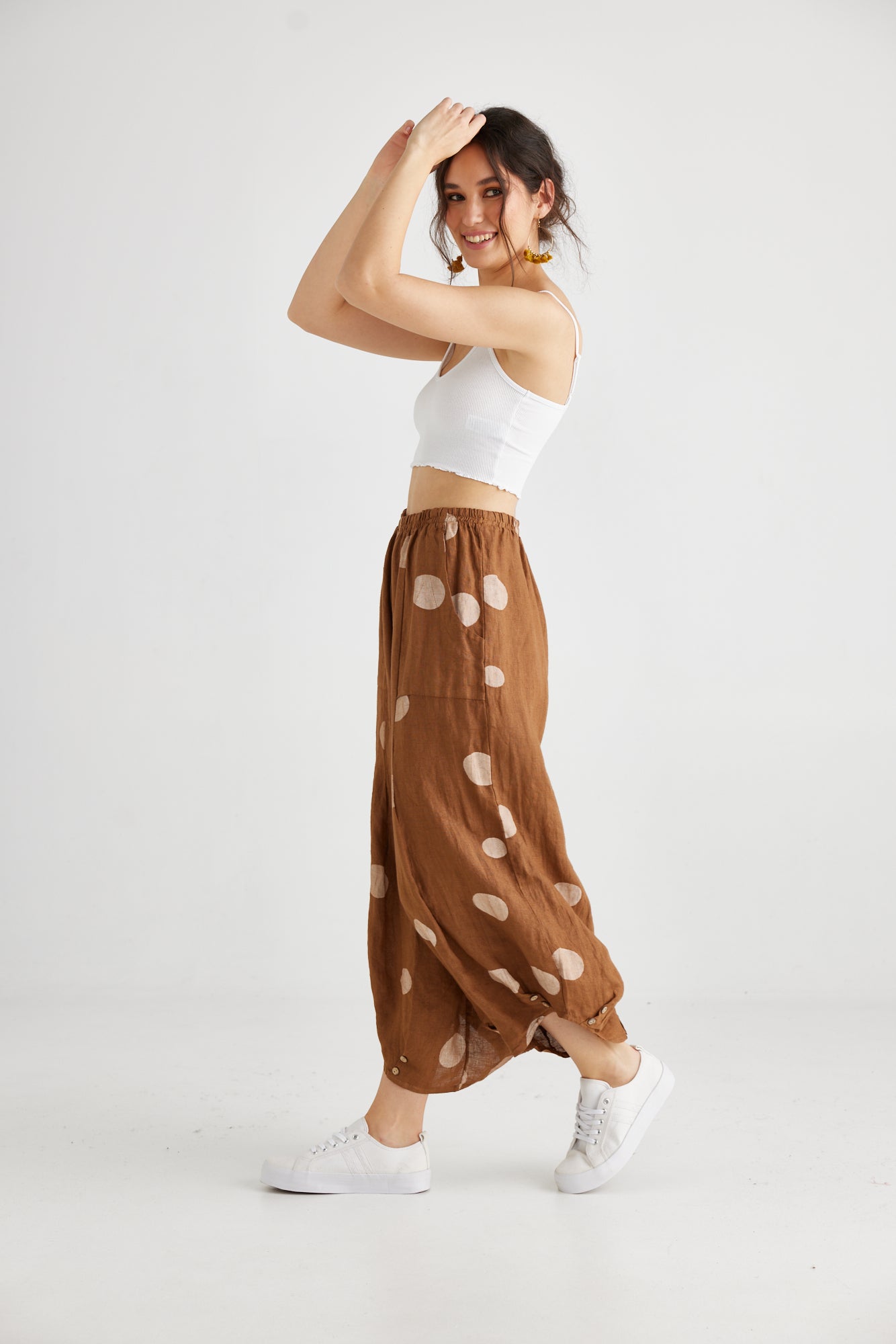 Lulu Linen Pants. Tobacco Polka dot