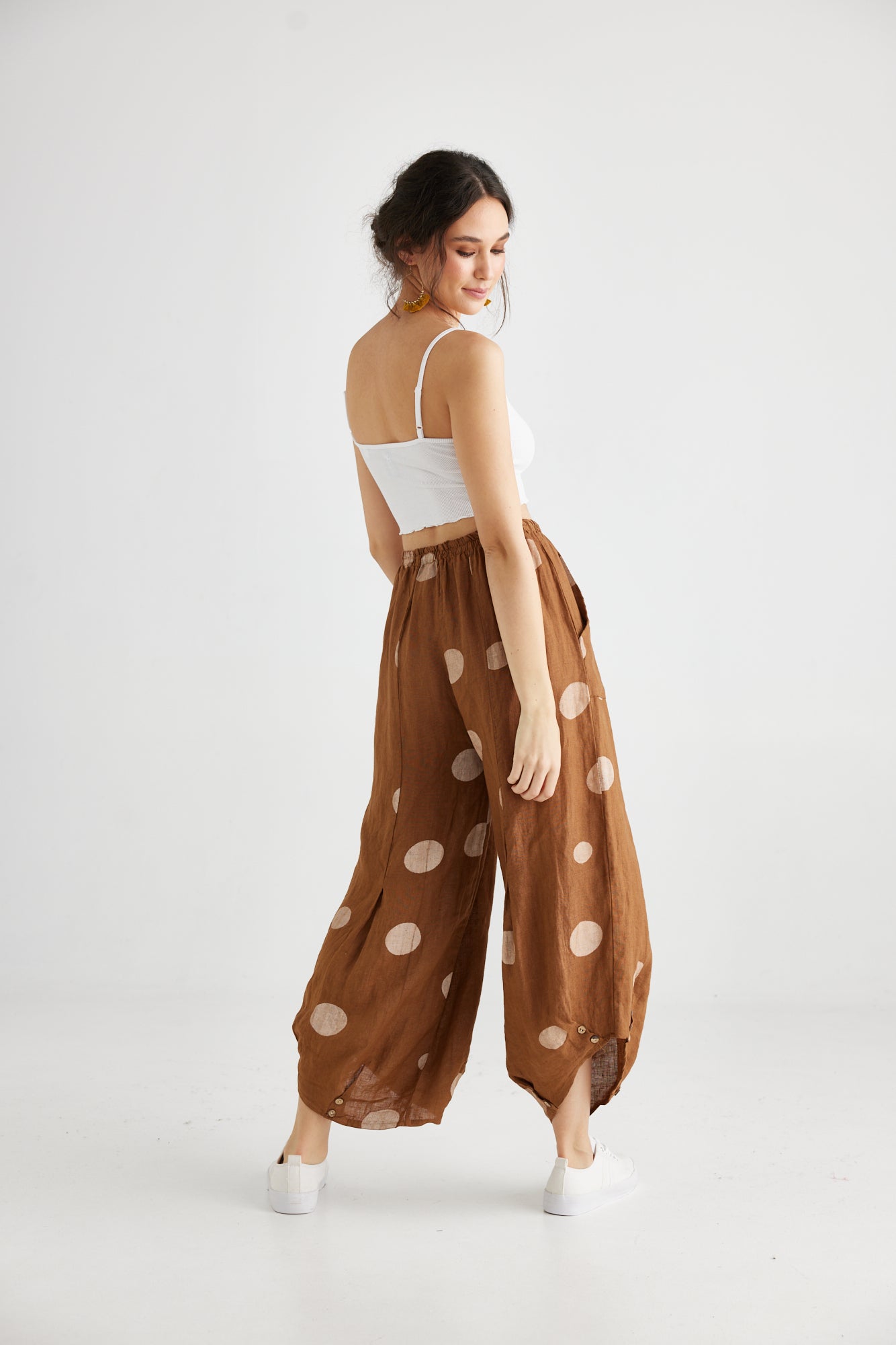 Lulu Linen Pants. Tobacco Polka dot