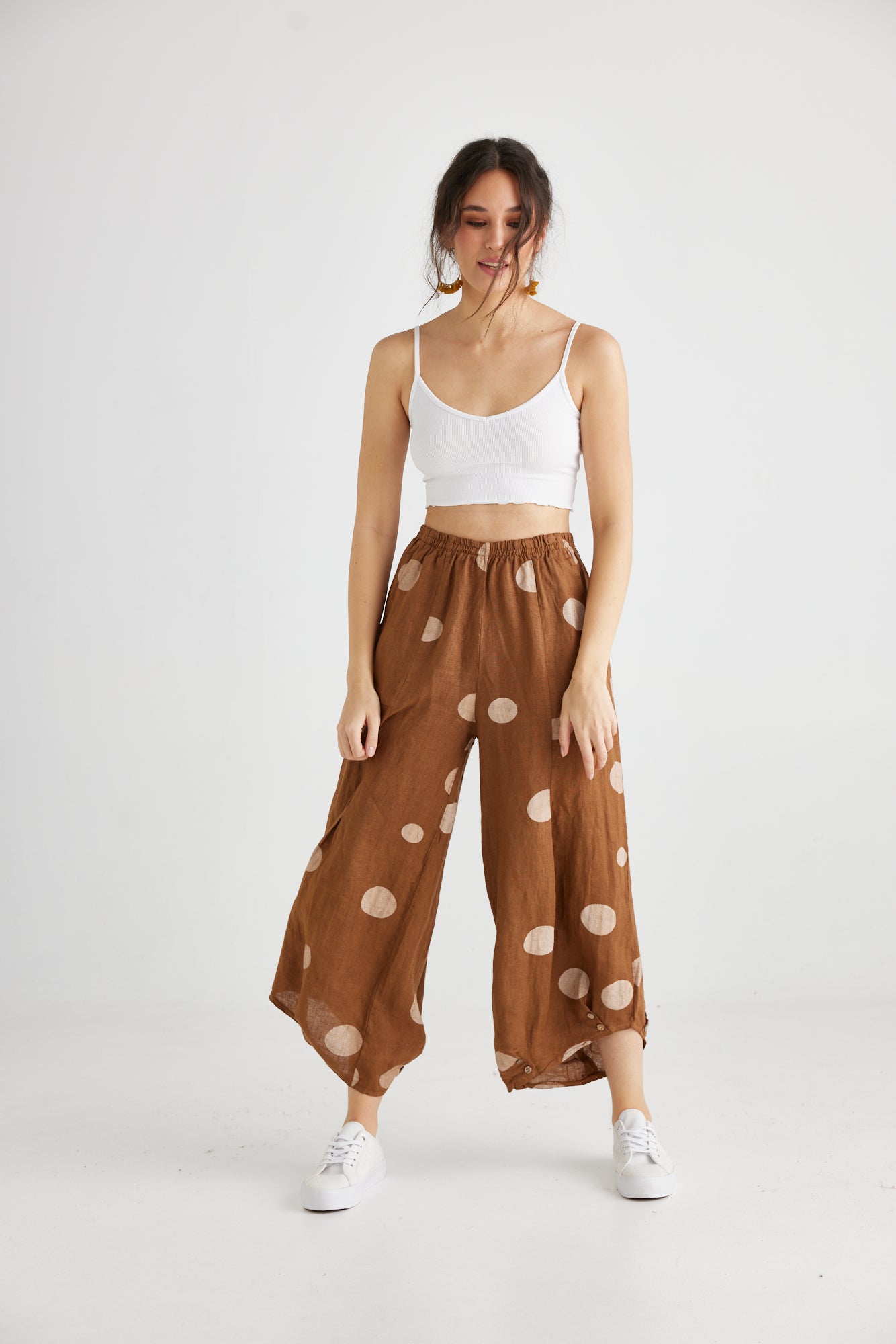 Lulu Linen Pants. Tobacco Polka dot