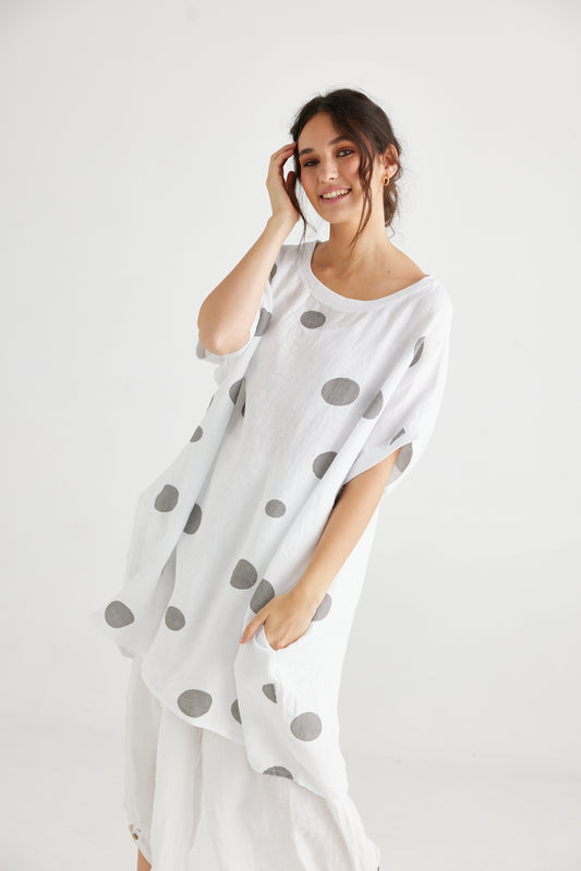 Rosabella Linen top. White and Taupe Polka dot.