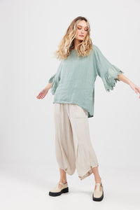 Ellie lace ruffled sleeve top.  Pale French Green