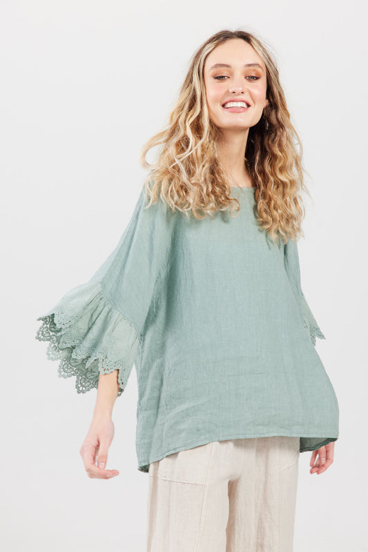Ellie lace ruffled sleeve top.  Pale French Green
