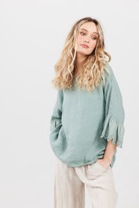 Ellie lace ruffled sleeve top.  Pale French Green