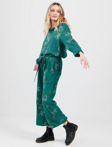 Eva Linen Floral pants. Peacock Rose