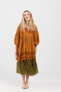 French cotton smock. scalloped lace.