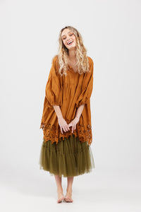 French cotton smock. scalloped lace.