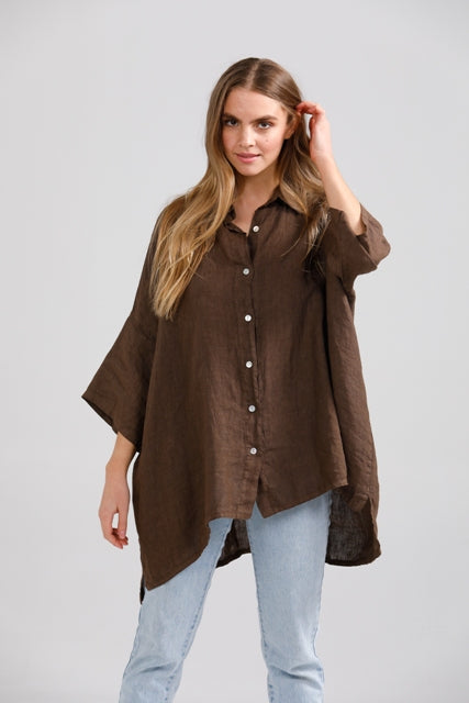 Teddie Linen Shirt. Chocolate