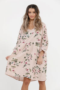 Amelia floral linen dress. Antique Pink
