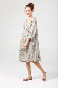 Amelia floral linen dress. Dove Grey
