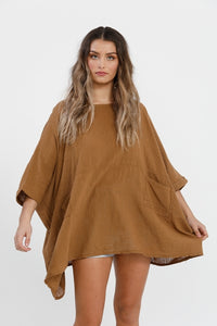 Camilla Cotton Gauze one size top. Tobacco