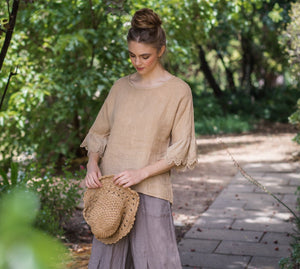 Ellie Linen & Lace linen top. Pale Tan