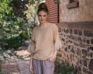 Ellie Linen & Lace linen top. Pale Tan