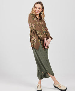 Rupert Boyfriend Floral Linen Shirt. Chocolate Rose
