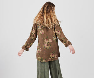 Rupert Boyfriend Floral Linen Shirt. Chocolate Rose