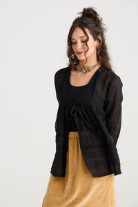 Elodie short Linen gauze and lace jacket. Licorice