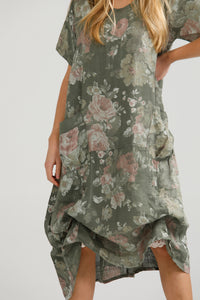 Primavera linen dress. Olive Rose Floral