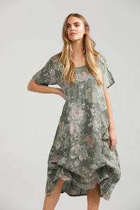 Primavera linen dress. Olive Rose Floral