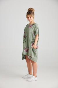 Rosabella linen dress. Olive Floral