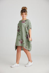 Rosabella linen dress. Olive Floral