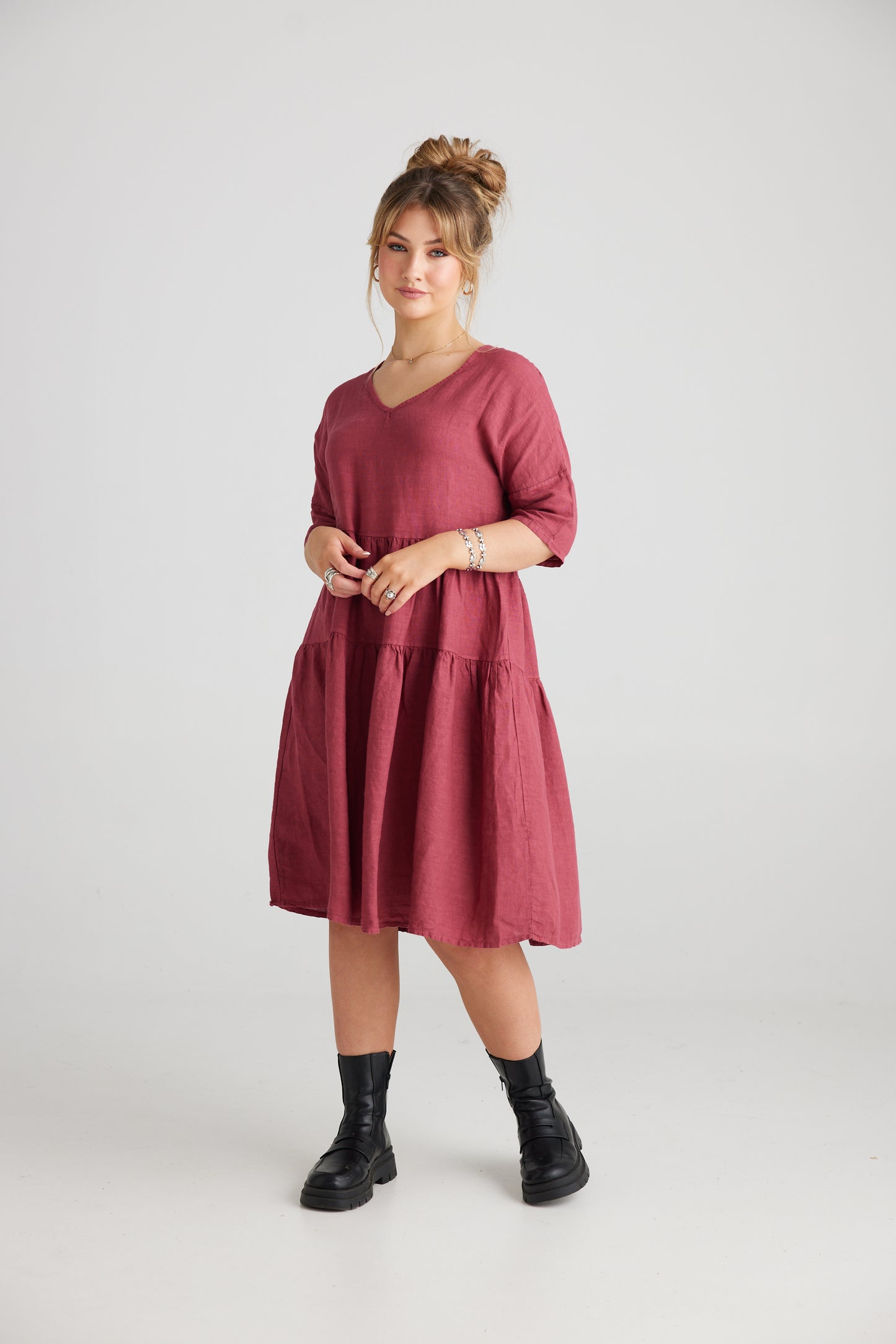 Stella Linen Dress. Cranberry