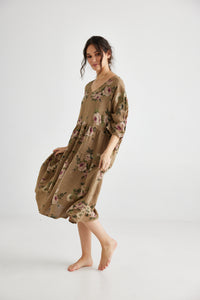 Stella Floral Linen dress. Olive Branch Rose