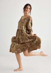 Stella Floral Linen dress. Olive Branch Rose