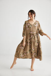 Stella Floral Linen dress. Olive Branch Rose