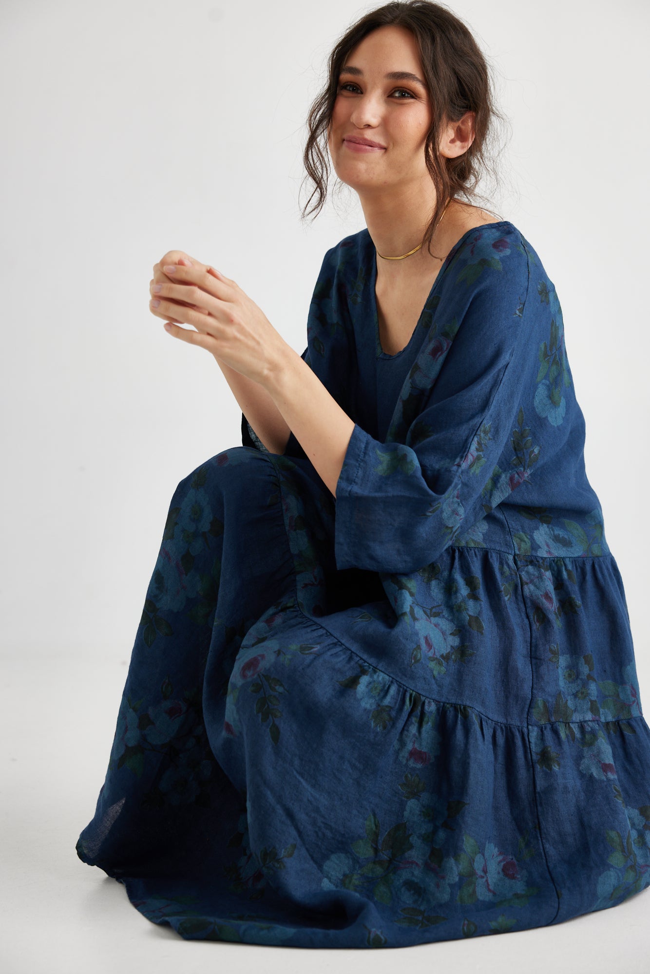 Stella Linen floral dress. Midnight Blue Rose