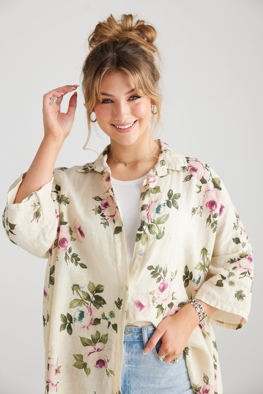 Teddie Linen Shirt. Vanilla Rose