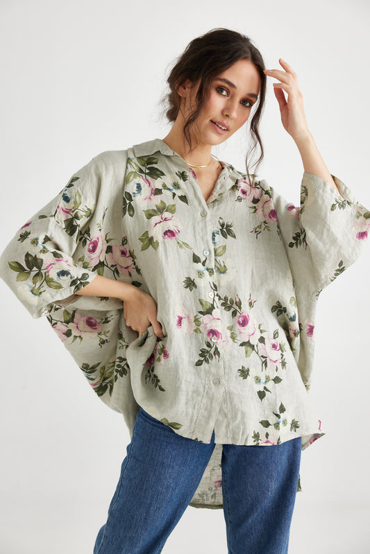 Teddie floral linen shirt. Natural