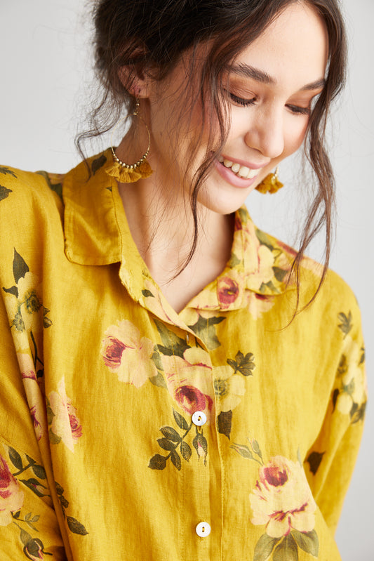 Teddie Linen Shirt. Sunflower Floral