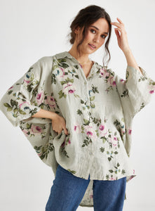 Teddie Floral Linen shirt. Denim Rose