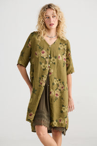 Abigail Floral linen coatdress . Avocado green