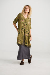 Abigail Floral linen coatdress . Avocado green