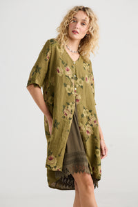 Abigail Floral linen coatdress . Avocado green
