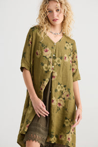 Abigail Floral linen coatdress . Avocado green