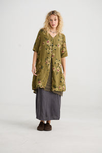 Abigail Floral linen coatdress . Avocado green