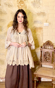 Perenelle Lace edged top . Coconut