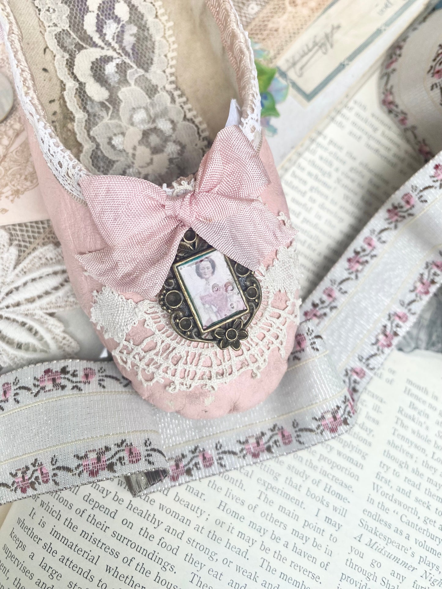 Vintage Embroidered floral ribbon. Alabaster and Blush.
