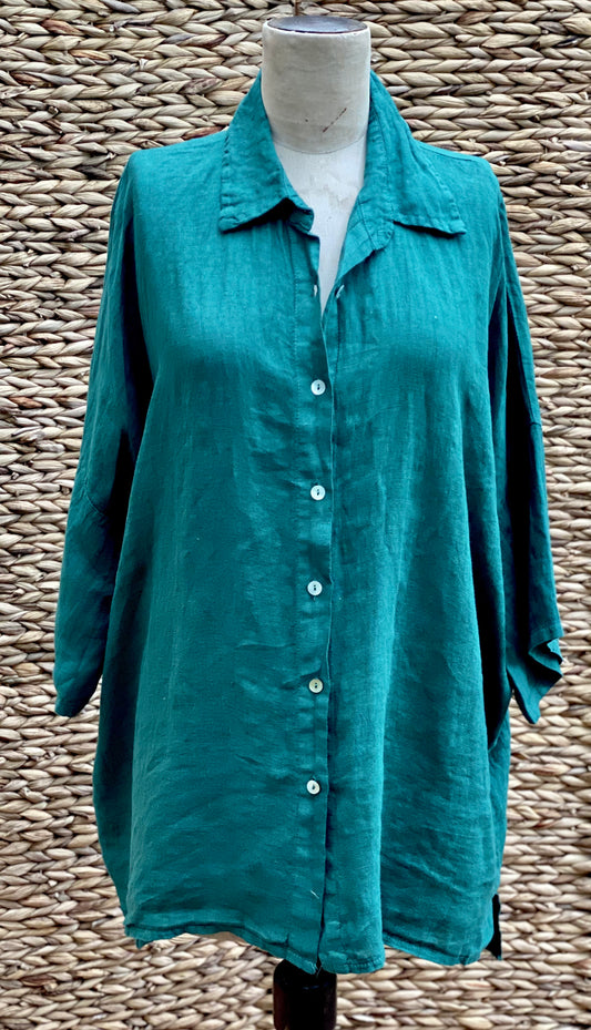 Teddie Linen shirt. Peacock Green