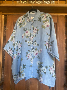 Teddie Floral Linen shirt. Denim Rose
