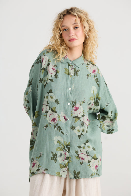 Teddie Floral linen shirt. Sage Green