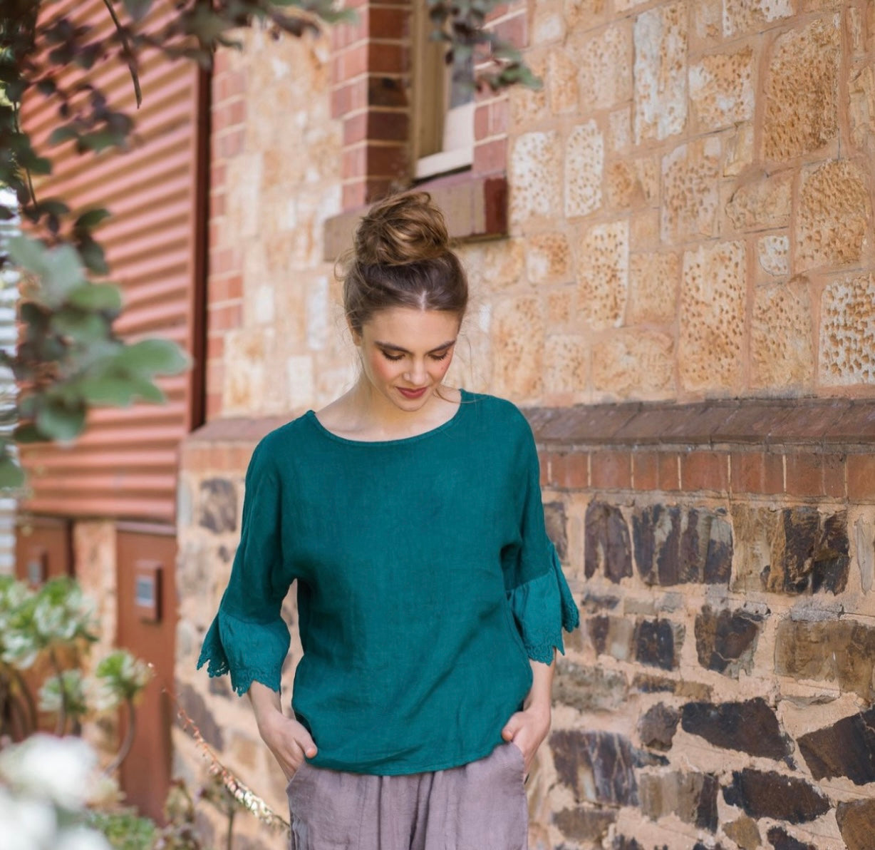 Ellie Ruffle Linen top. Peacock Green