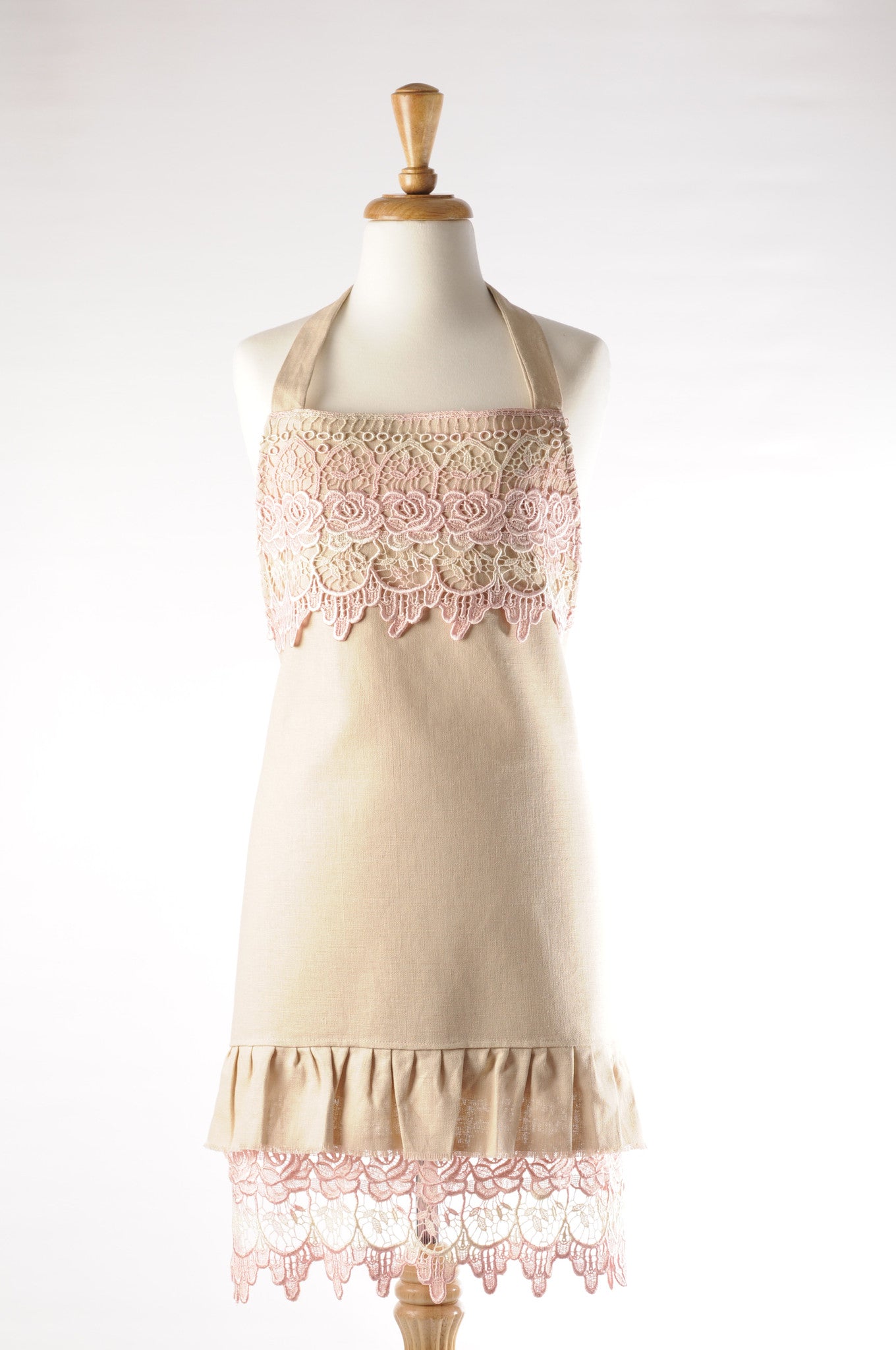 rose lace apron. hostess apron pink.