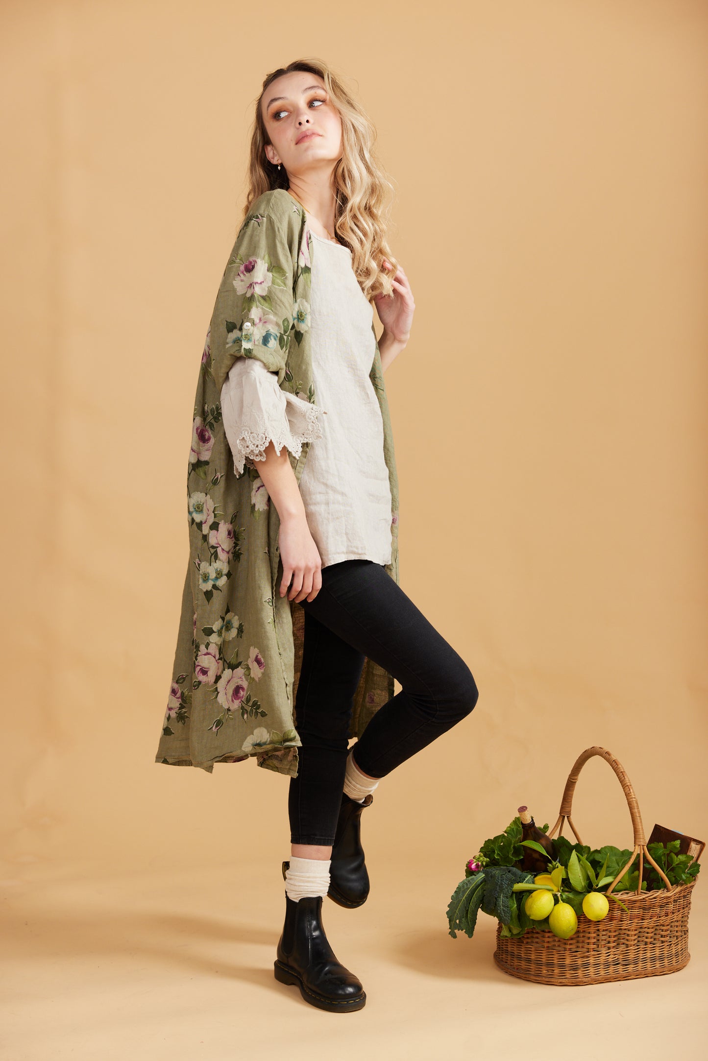 Abigail Floral Linen coatdress . Olive