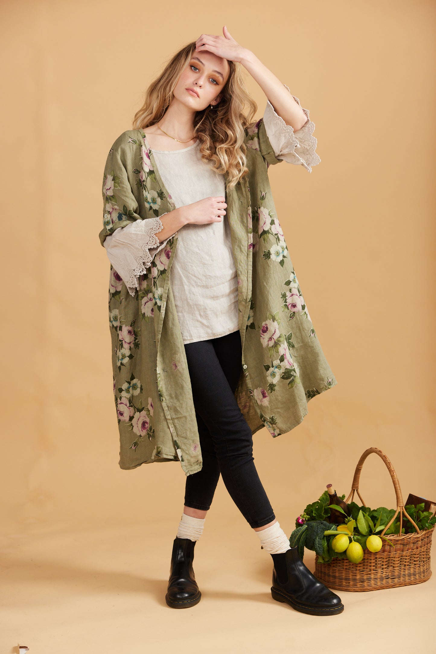 Abigail Floral Linen coatdress . Olive