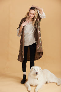 Abigail floral linen coatdress.  Chocolate Rose