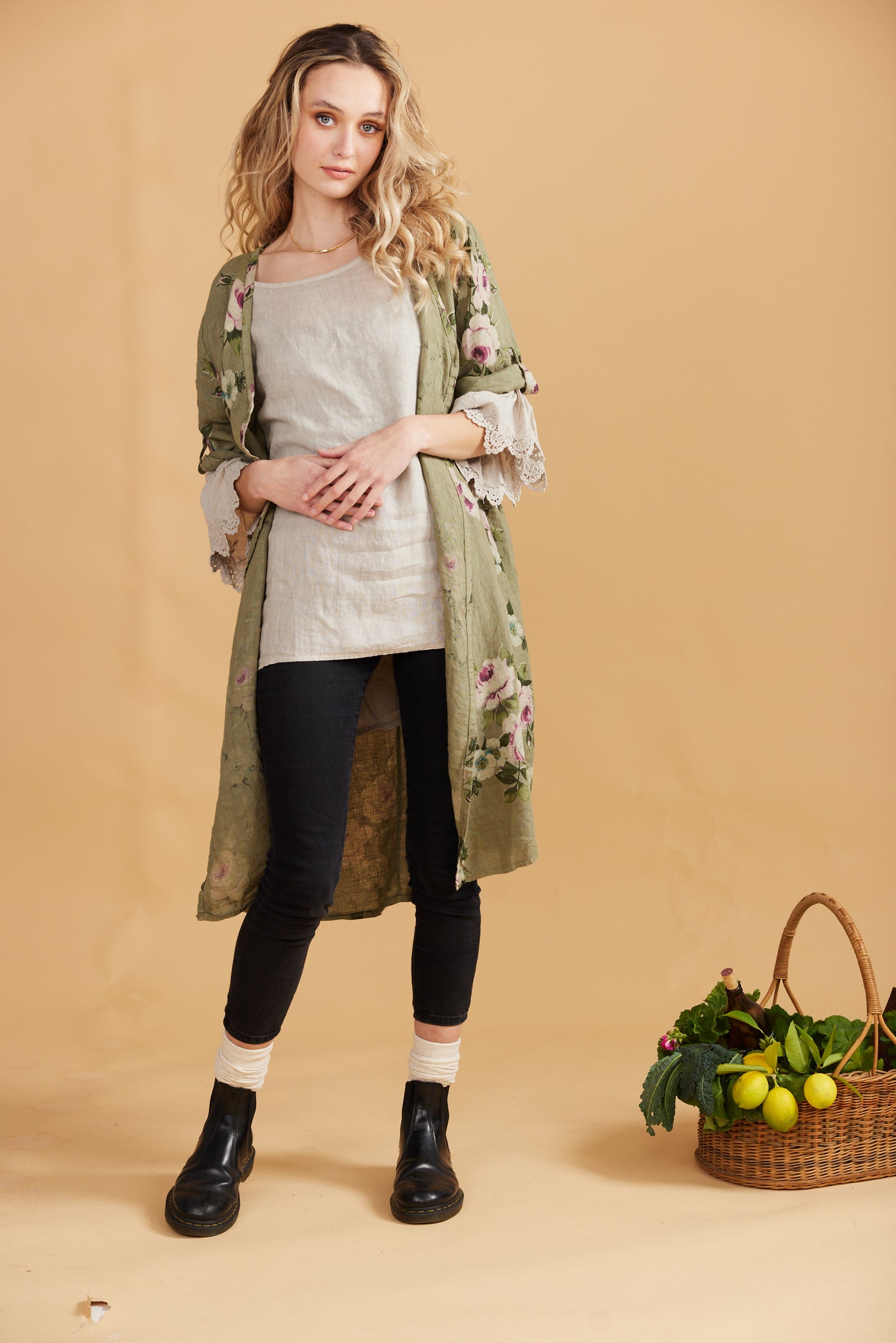 Abigail Floral Linen coatdress . Olive
