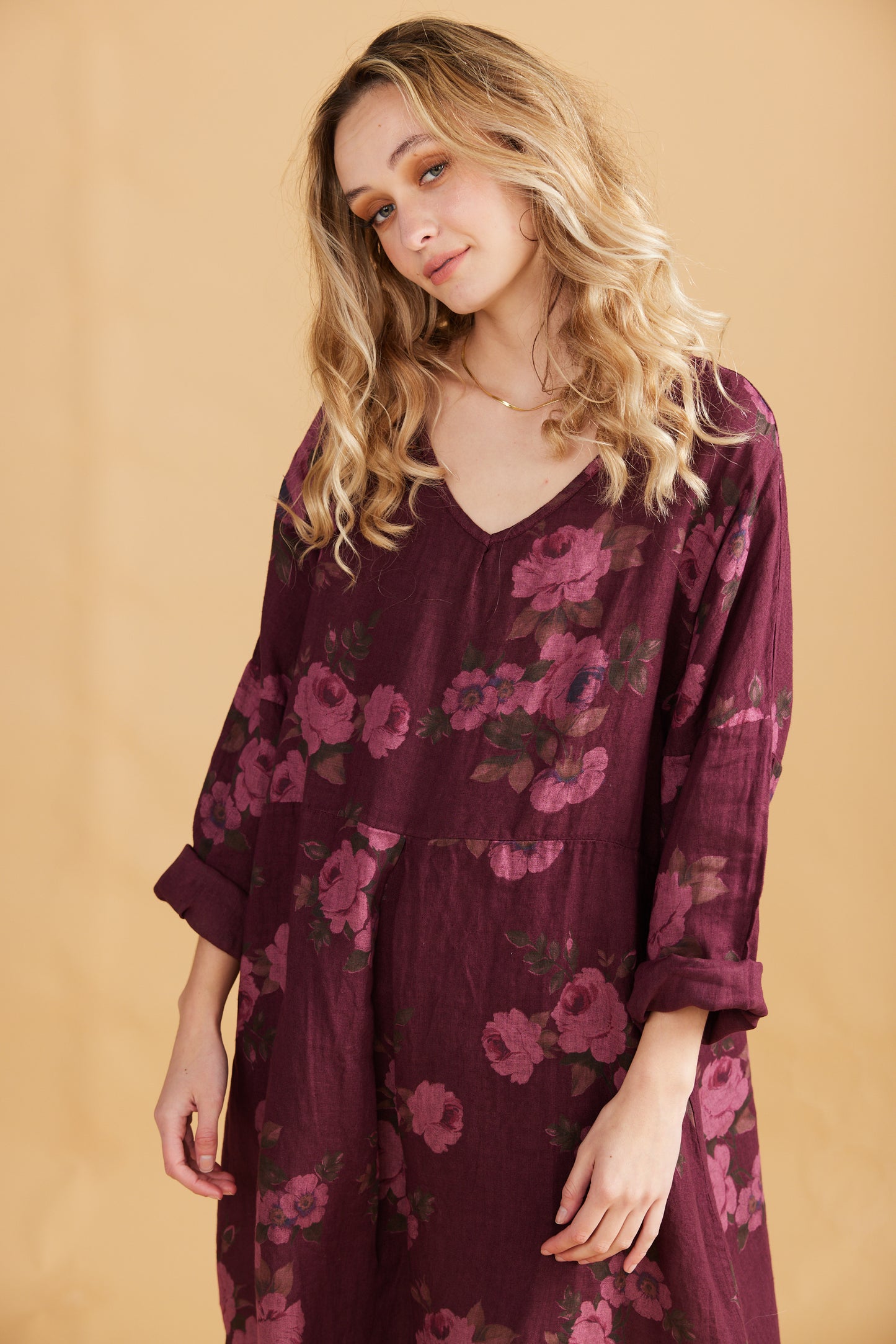 Amelia floral linen dress. Bordeaux