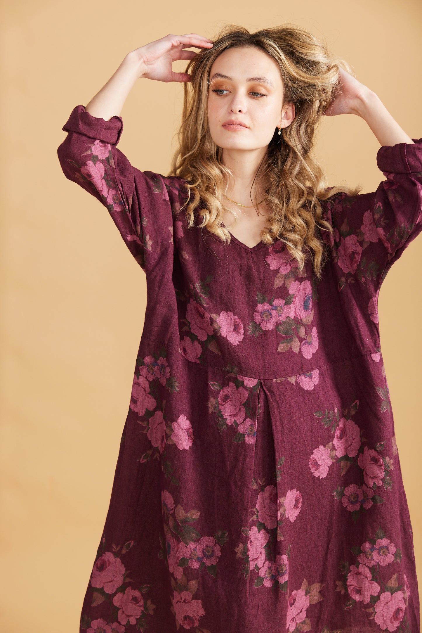 Amelia floral linen dress. Bordeaux